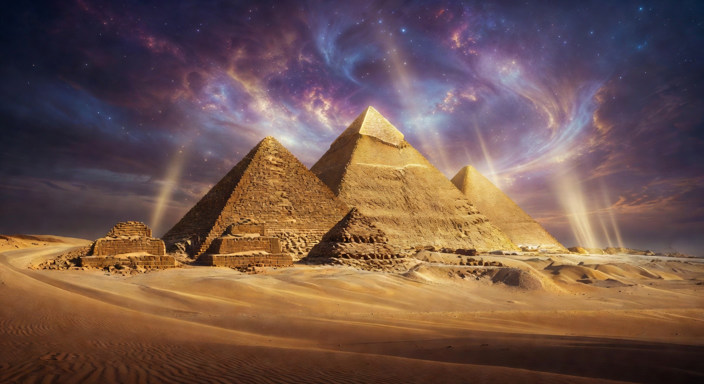 Ancient golden pyramids under a mystical desert sky