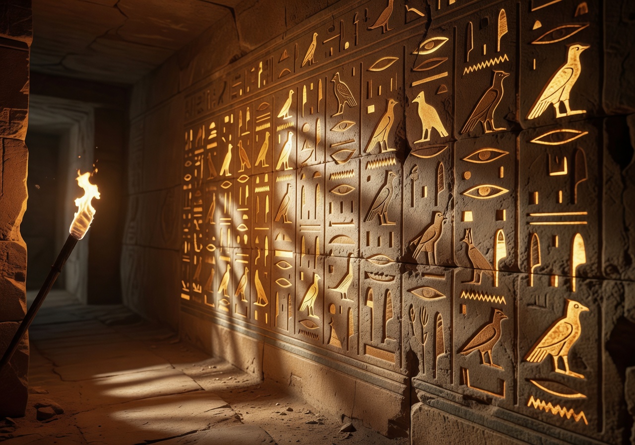 Ancient hieroglyph carvings glowing in torchlight
