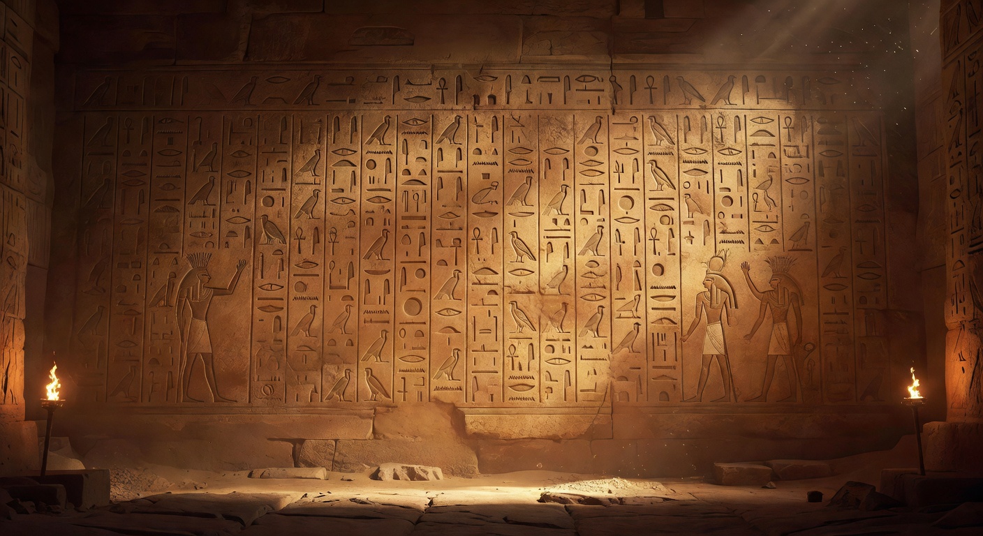 Ancient hieroglyph wall lit by warm temple glow