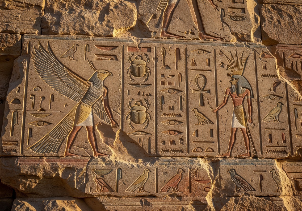 Ancient hieroglyphs carved into a temple wall