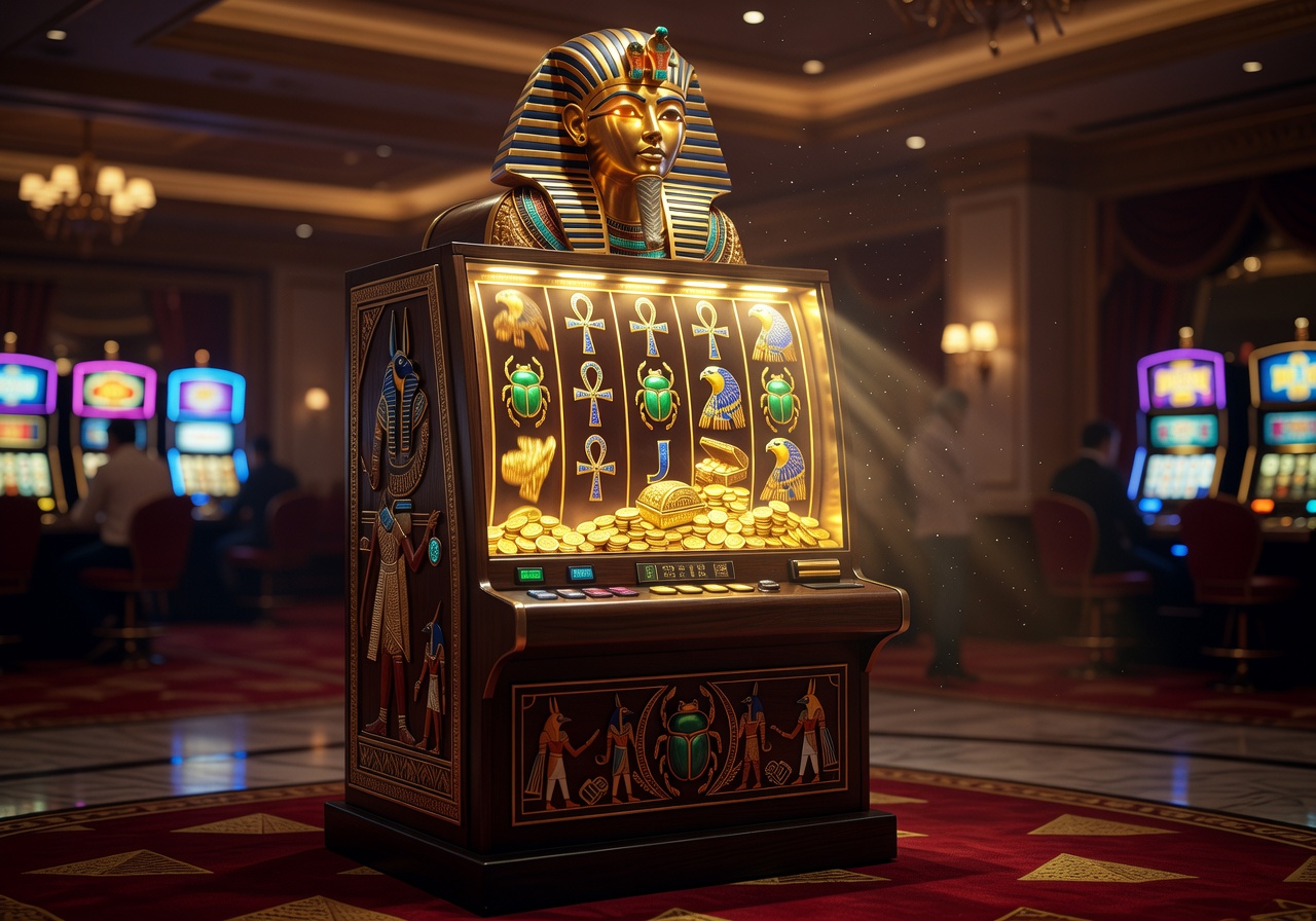 Cinematic Egyptian slot machine glowing with golden treasure symbols