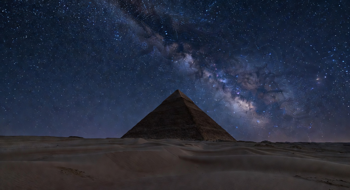 Desert pyramid silhouette under starlit sky