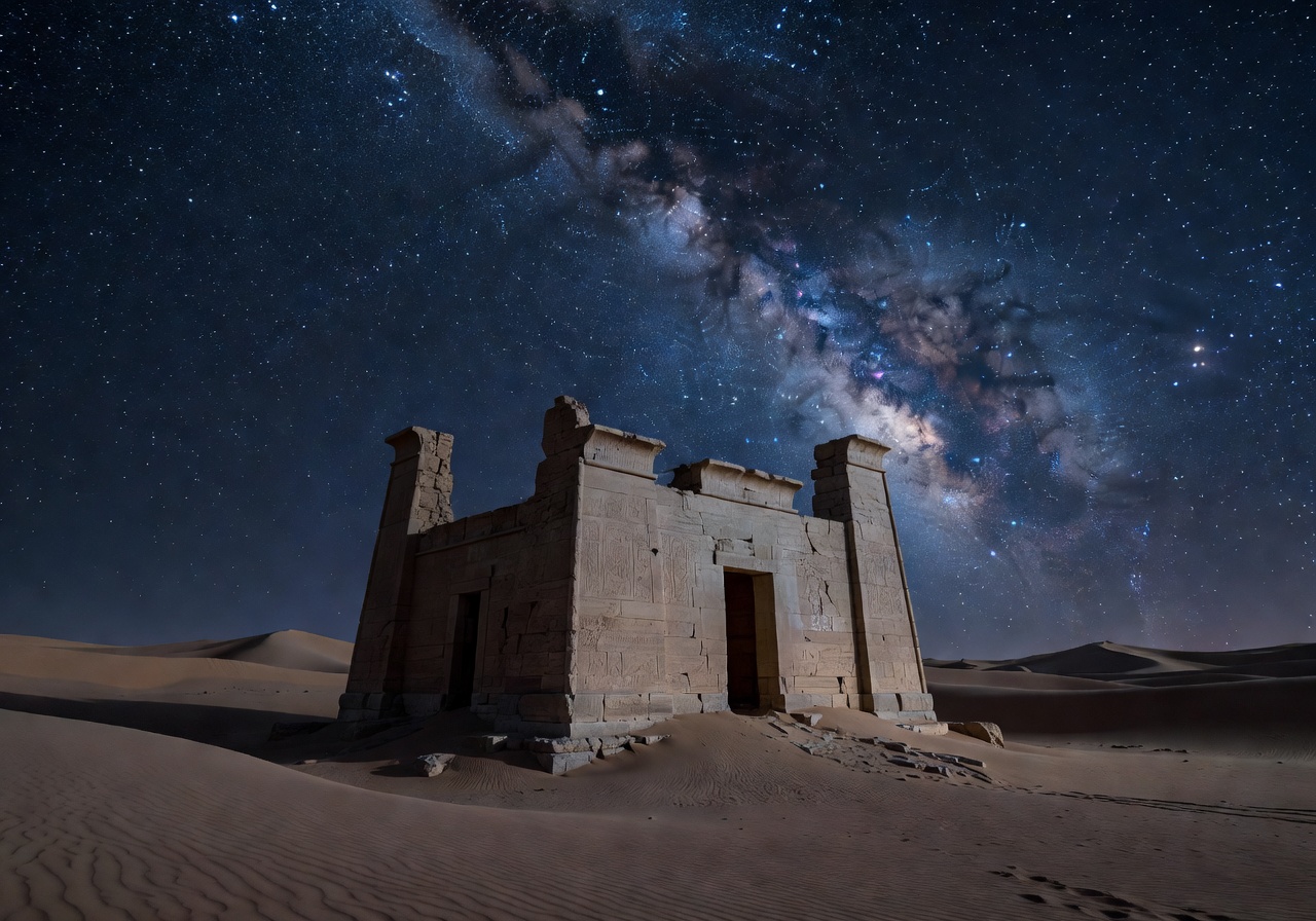 Desert temple under starlit night sky