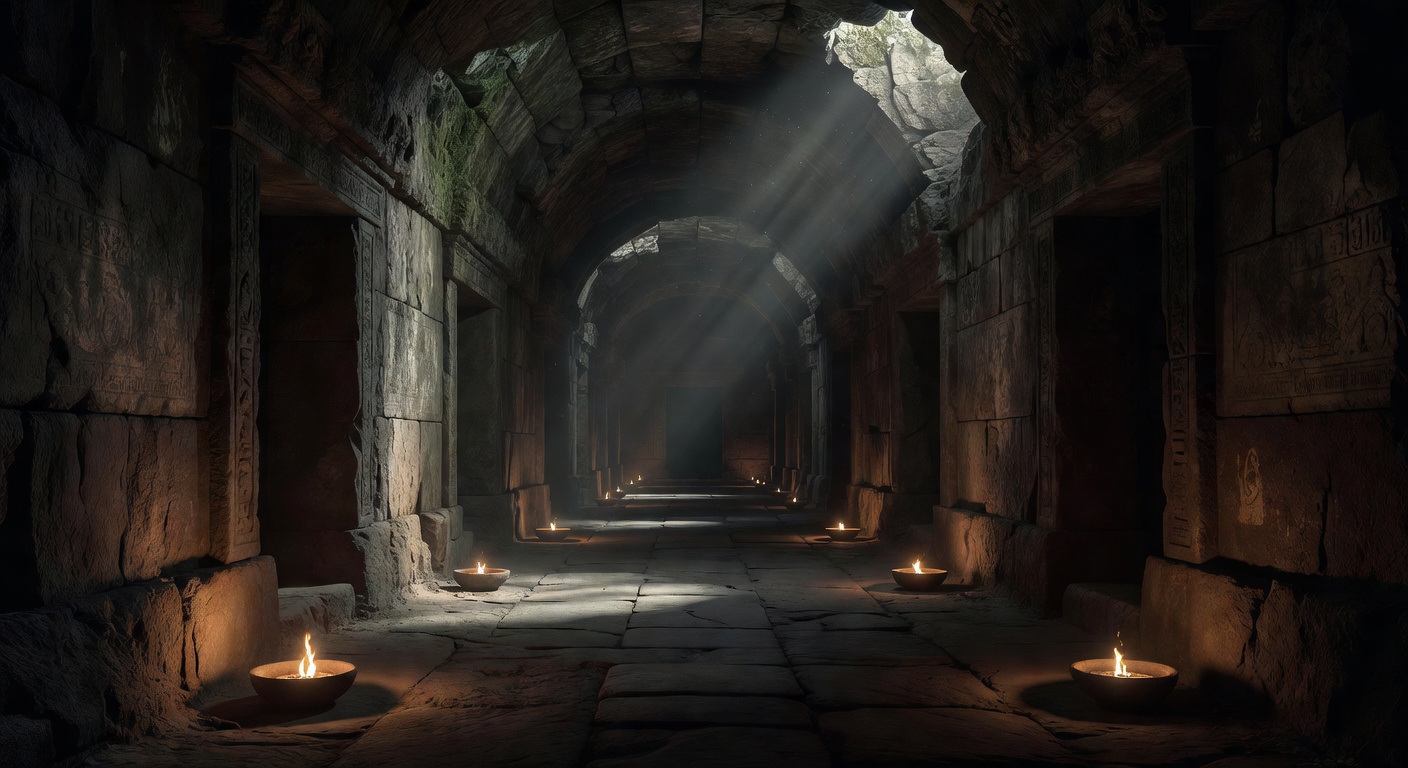 Dimly lit ancient temple corridor