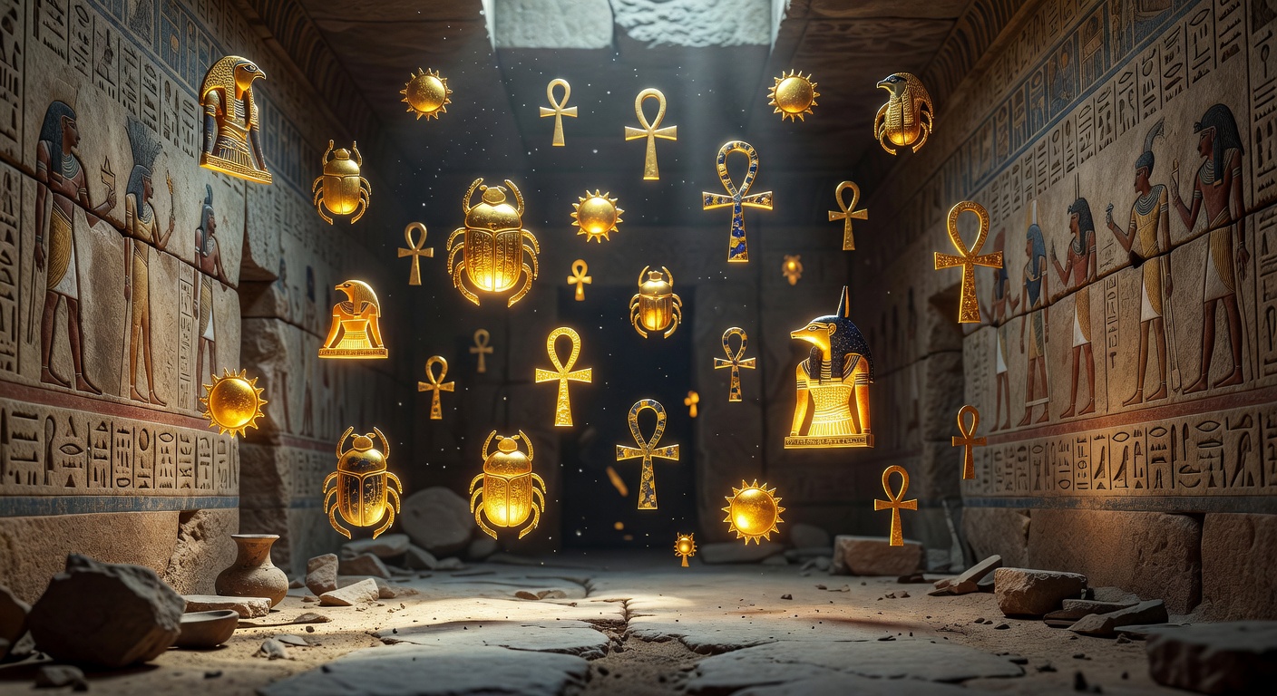 Glowing golden ornaments inside an Egyptian chamber