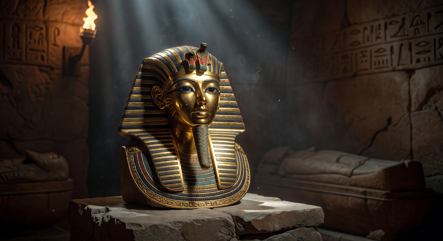 Golden pharaoh mask gleaming in cinematic lighting