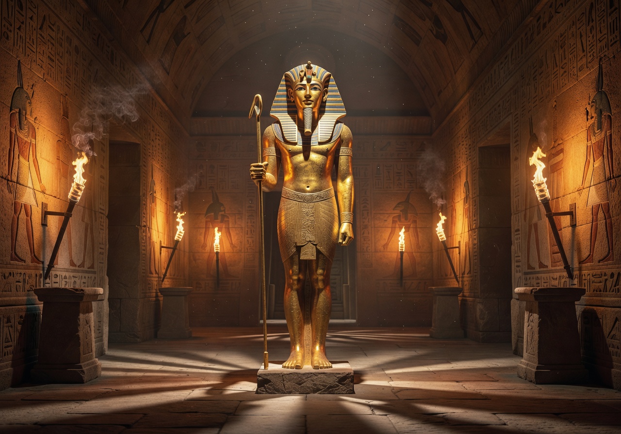 Golden pharaoh statue inside a torch-lit temple chamber