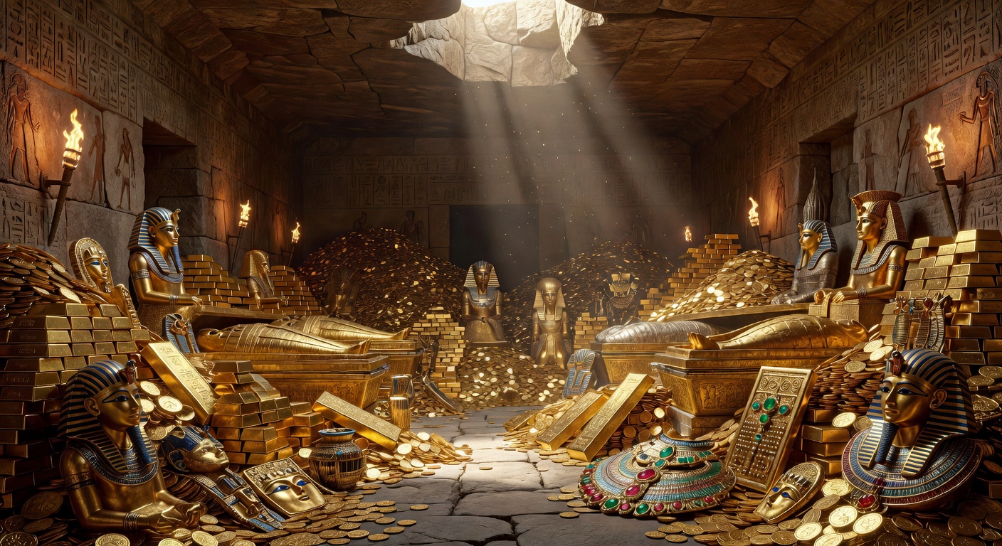 Golden treasure chamber inside an ancient pyramid