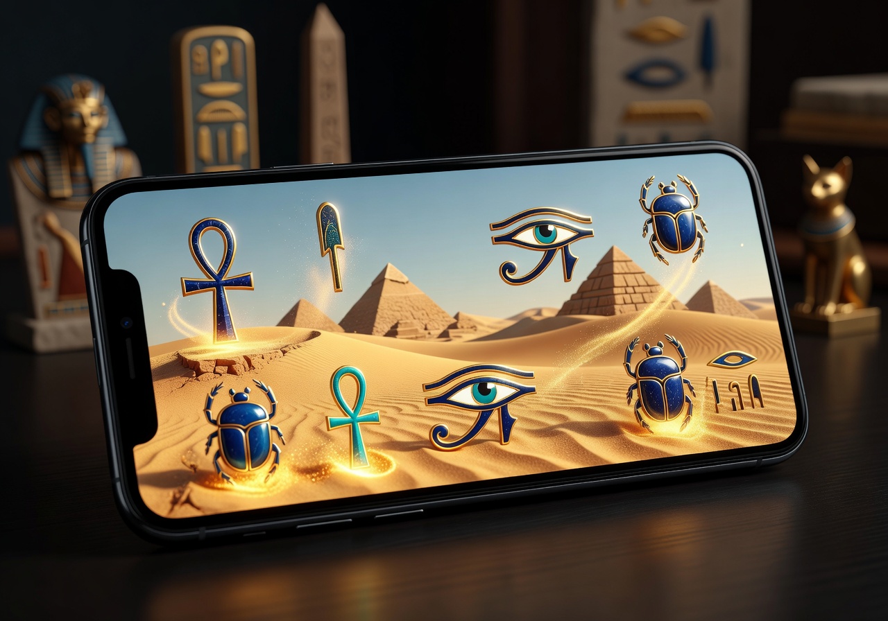 Mobile device displaying an Egyptian-themed gaming interface