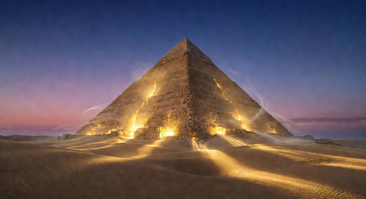 Mystical Egyptian pyramid glowing at twilight