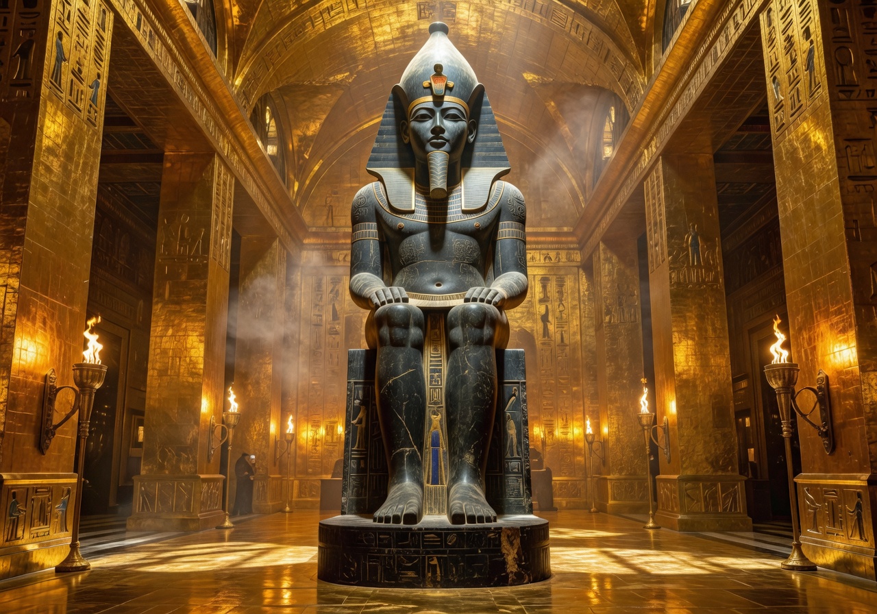 Towering pharaoh statue inside a golden temple