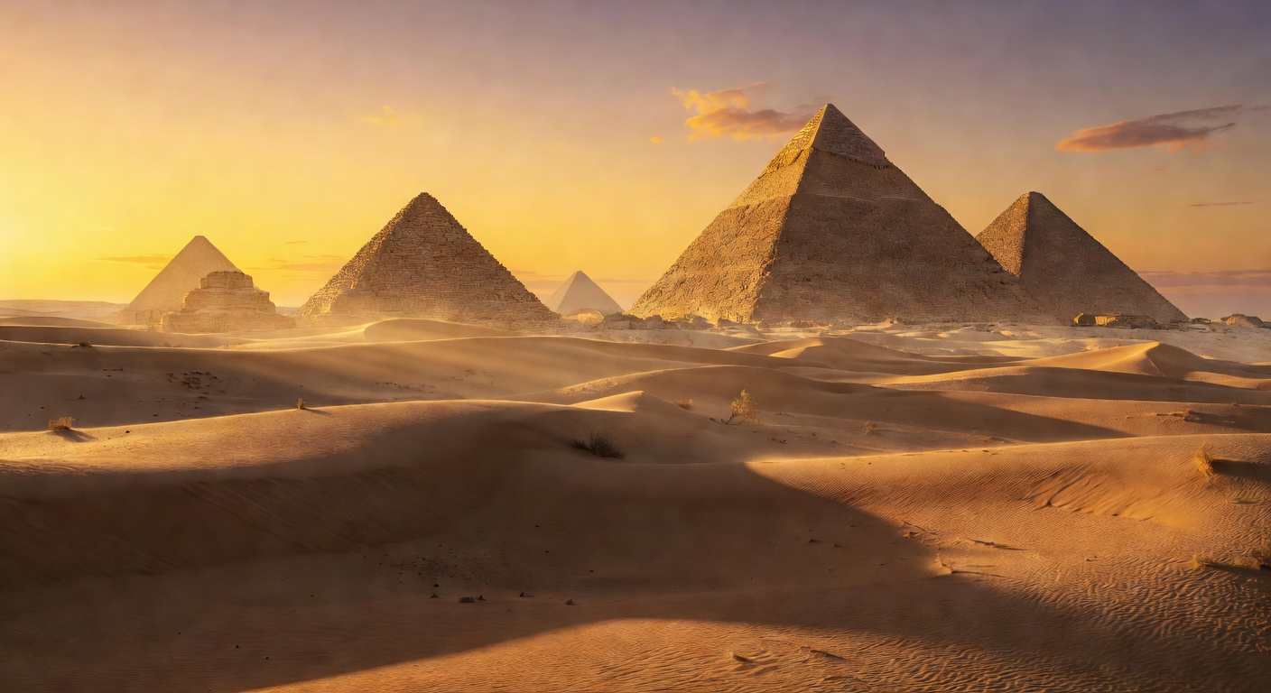 Vast desert landscape with ancient pyramid silhouettes at golden hour